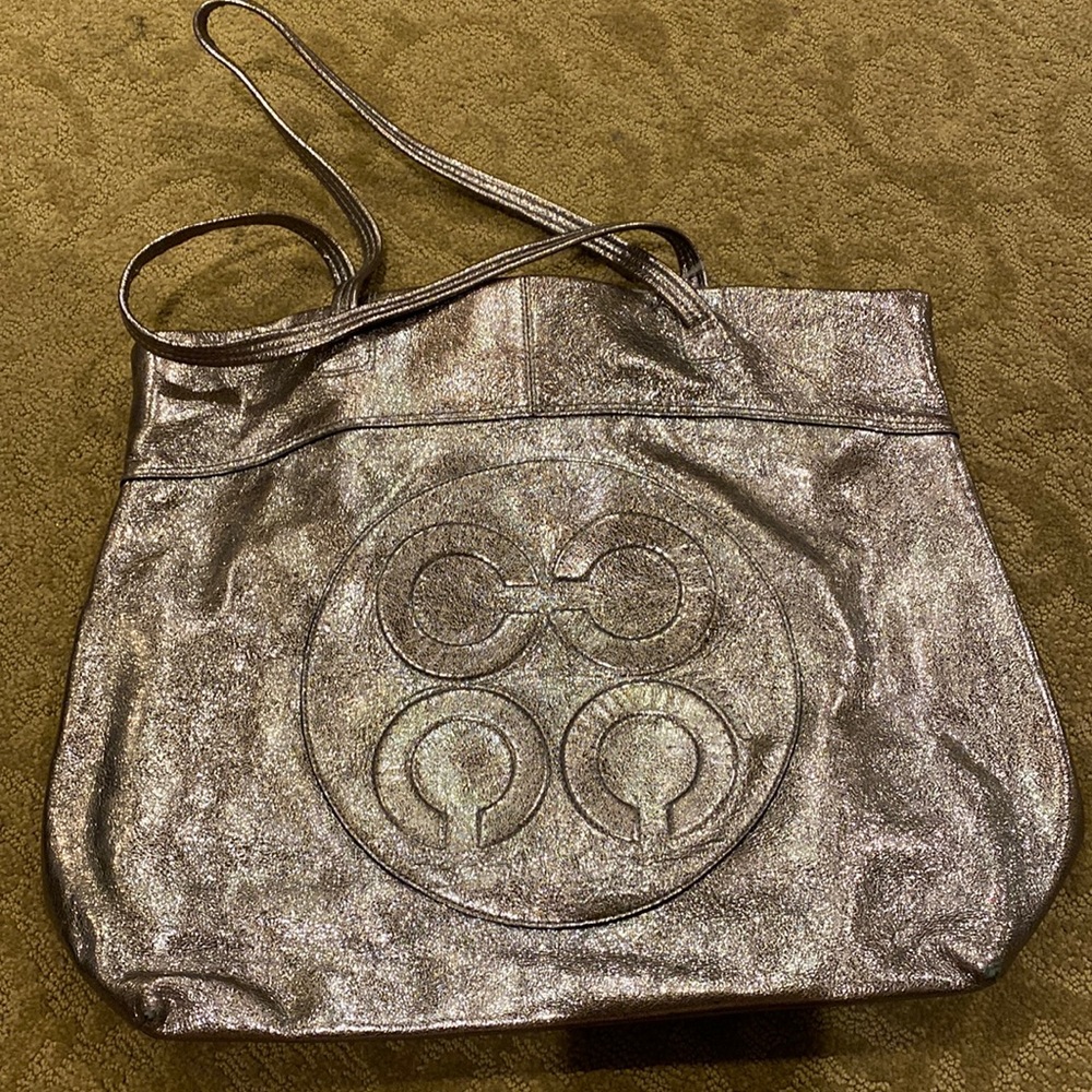Coach tote iridescent color. Stains in the inside. Comes with dust bag